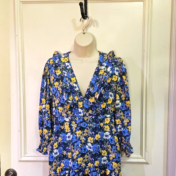 Code x Mode Blue/Yellow Multi-Color Floral Prairie Core Ruffle Maxi Dress, Large - Picture 13 of 16